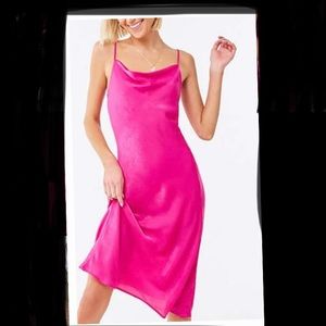 Bright pink satin cowl neck midi dress size med